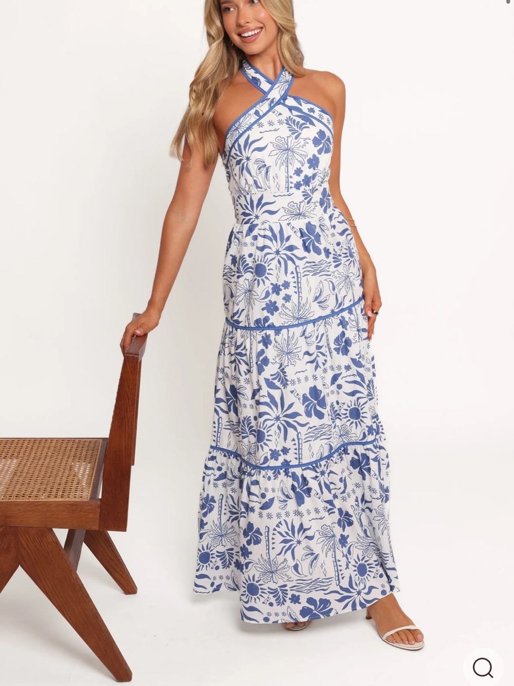 Petal & Pup White Maxi Dress with Blue Floral Print